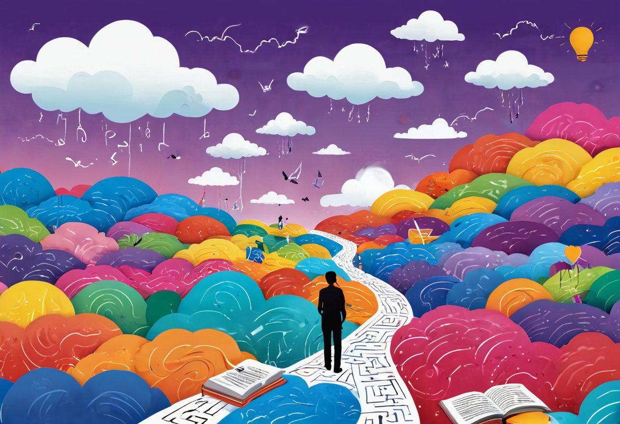 A whimsical digital landscape featuring a person navigating through a maze of colorful journals and blogs, with various engaging content popping up around them like thought bubbles. The scene should showcase diverse forms of journaling - handwritten notes, video blogs, podcasts, and vibrant visuals, emphasizing creativity and strategy. The environment should be bright and inviting, hinting at adventure and exploration in the digital world of blogging. The sky is filled with playful clouds shaped like pencils and light bulbs. vibrant colors. digital art.