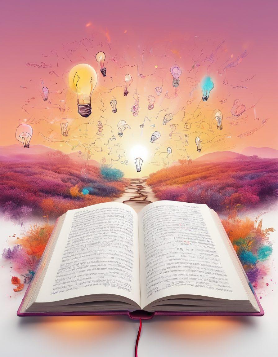 A whimsical digital diary lying open with vibrant sketches and colorful notes bursting out, capturing the essence of creativity and transformation. Surrounding the diary are glowing light bulbs representing ideas, while a pathway of written insights leads into a scenic horizon symbolizing growth. The background is a blend of abstract patterns with warm colors, adding a sense of inviting energy. surreal. vibrant colors. white background.