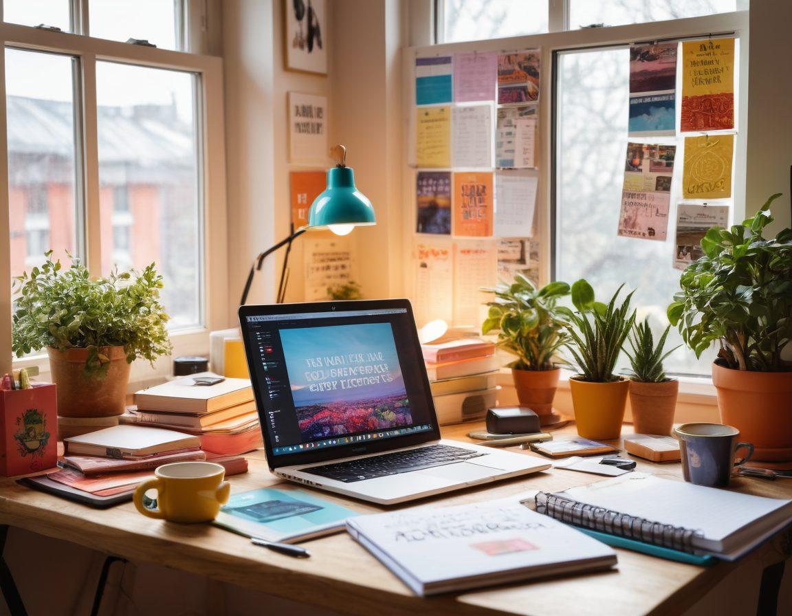 An inspiring workspace featuring a diverse group of bloggers engaged in content creation, with colorful notebooks, laptops, and coffee cups scattered around. Background showcases vibrant posters with motivational quotes about creativity and expression. Soft natural light streaming in from a window, illuminating the scene and creating a warm atmosphere. super-realistic. vibrant colors. cozy workspace.